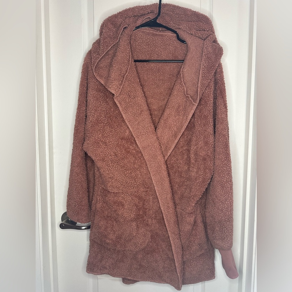 Large rust plush oversized open front draped hooded cardigan coat